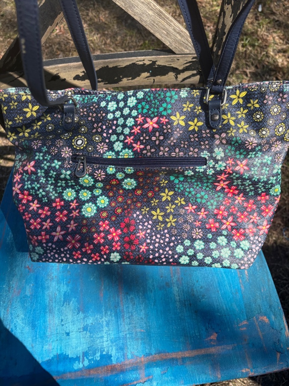 Sakroots Navy Floral Tote with Teal Tassel Charm - Picture 3 of 3